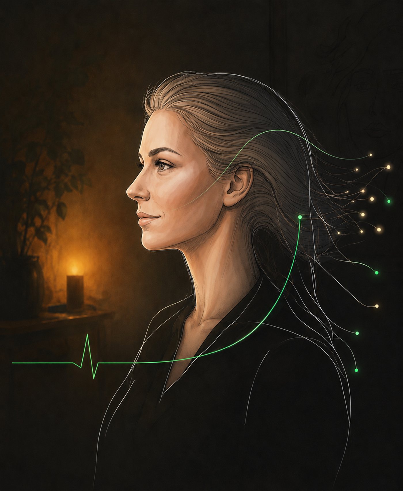 O retrato da EvA: uma mulher serena em perfil numa sala escura, iluminada por uma vela âmbar, com traços de desenho abertos sobre a figura e uma linha de pulso verde que sobe e se dissolve em pontos de luz.